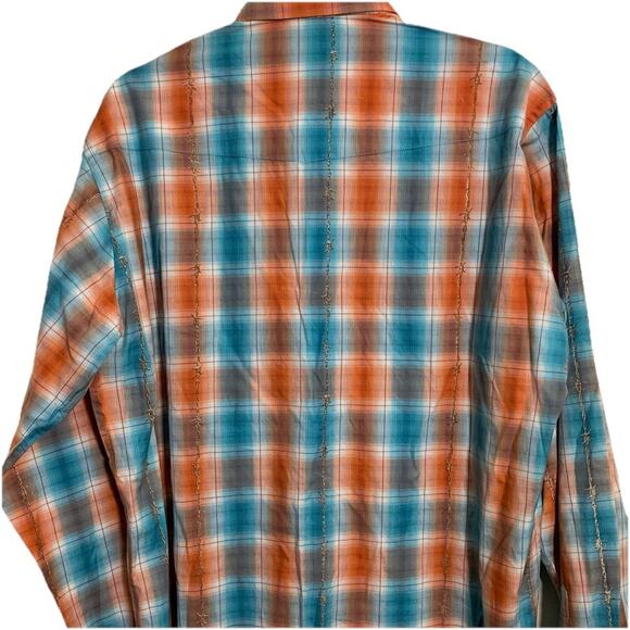 Western Shirt Large Pearl Snap Cowboy Rodeo Orange Blue Plaid Panhandle Slim - Picture 9 of 11